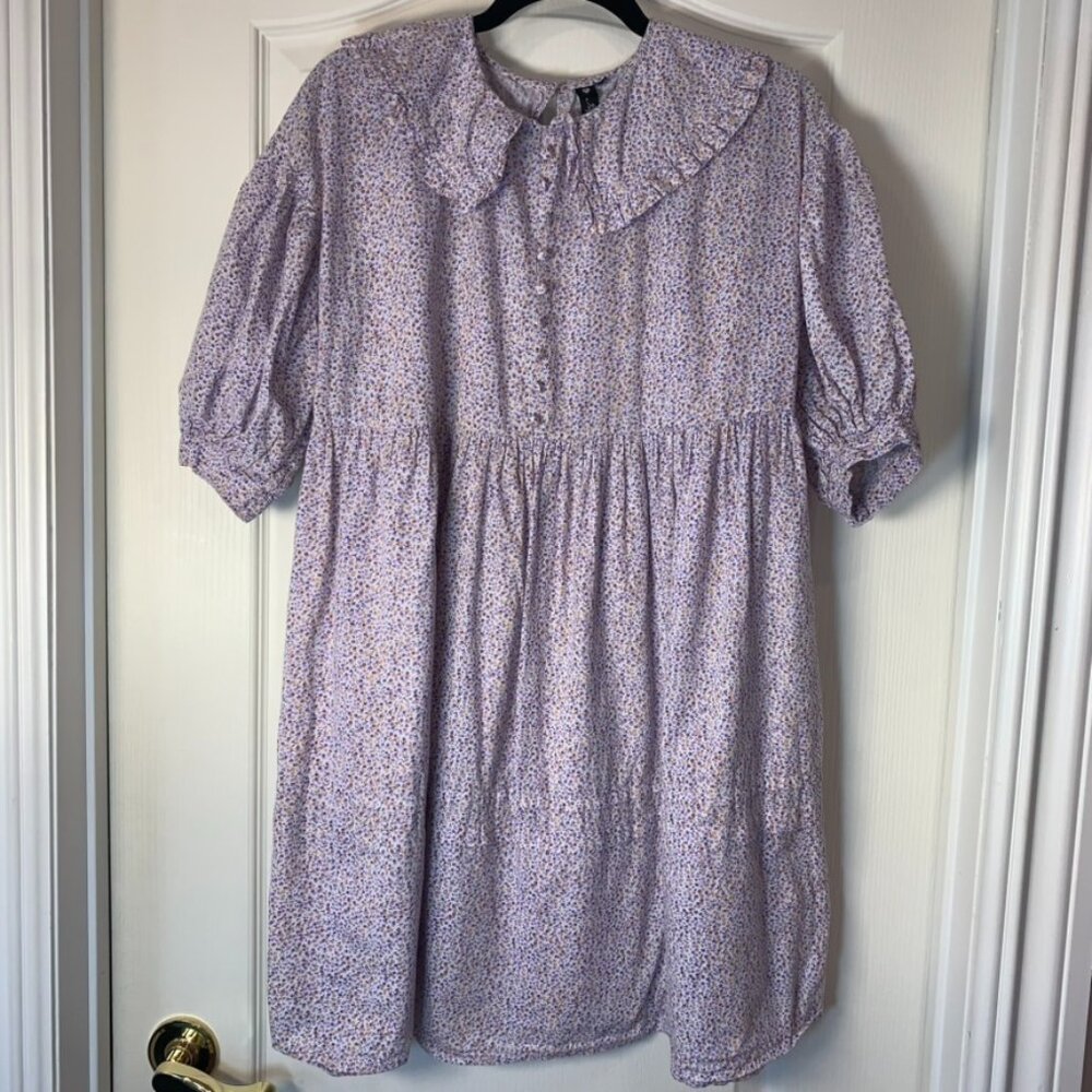 Influence Cottagecore Floral Dress Lavender Cotton Puff Sleeve UK 12 Romantic